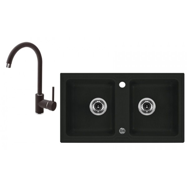 Deante Zorba Zlewozmywak 2-komorowy bez ociekacza + bateria stojąca