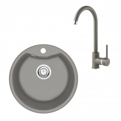 Deante Solis zlewozmywak granitowy 48 cm z baterią kuchenną Milin szary ZRSBS803