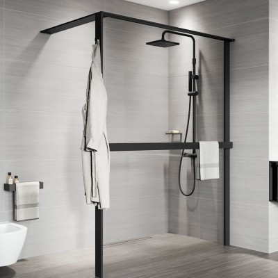 Novellini Kuadra HWS ścianka wolnostojąca Walk-in 100 cm z relingiem prawa czarny mat