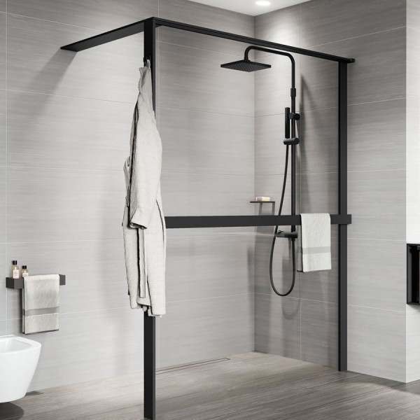 Novellini Kuadra HWS ścianka wolnostojąca Walk-in 100 cm z relingiem prawa czarny mat