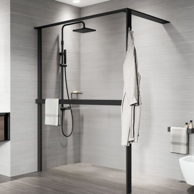 Novellini Kuadra HWS ścianka wolnostojąca Walk-in 80 cm z relingiem lewa czarny mat