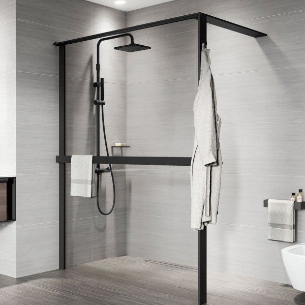 Novellini Kuadra HWS ścianka wolnostojąca Walk-in 80 cm z relingiem lewa czarny mat