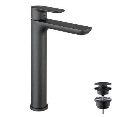 Vema Slate bateria umywalkowa wysoka z korkiem klik klak czarny mat V14021/K/CZAR