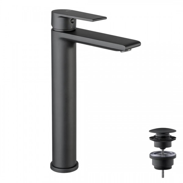 Vema Timea bateria umywalkowa wysoka z korkiem klik klak czarny mat V16021/K/CZAR