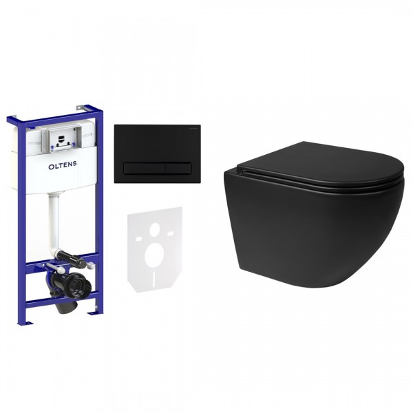 Oltens Hamnes zestaw 7w1 stelaż podtynkowy miska z deską i przycisk spłukujący czarny mat 58302300