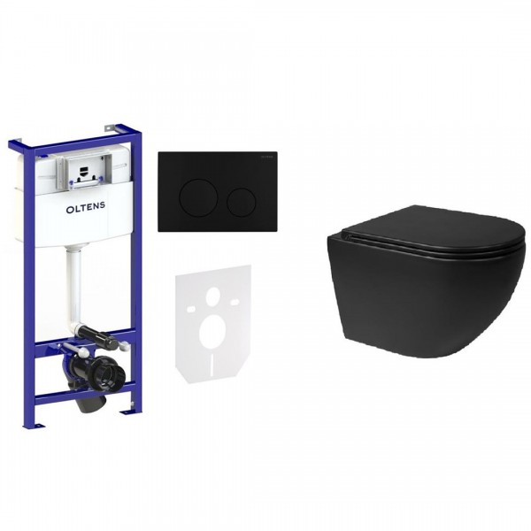 Oltens Hamnes zestaw 7w1 stelaż podtynkowy miska z deską i przycisk spłukujący czarny mat 58303300