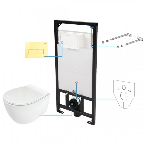 Deante Silia zestaw 6w1 stelaż podtynkowy z miską WC wiszącą, deską wolnoopadającą i przyciskiem złotym CDLZ6ZPW