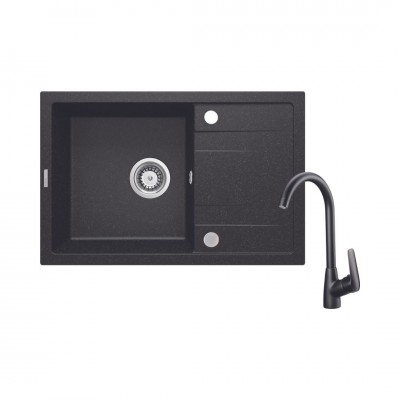 Deante Corio zlewozmywak granitowy 67x44 cm grafit z baterią kuchenną czarny mat ZRCB2113