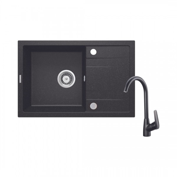 Deante Corio zlewozmywak granitowy 67x44 cm grafit z baterią kuchenną czarny mat ZRCB2113