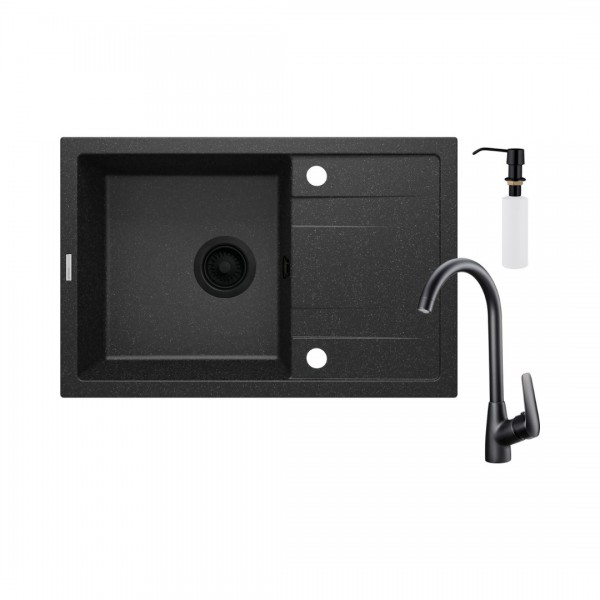 Deante Corio zlewozmywak granitowy 67x44 cm grafit z baterią i dozownikiem czarny mat ZRCC2113