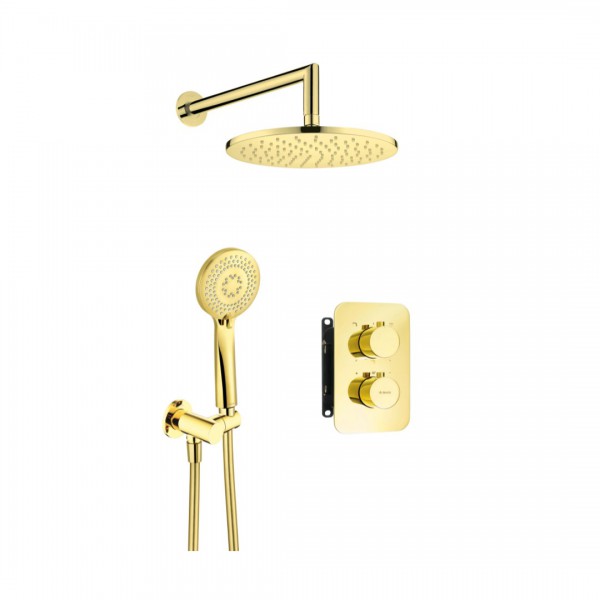Deante Box zestaw prysznicowy podtynkowy termostatyczny z deszczownicą 25 cm złoty połysk BXYZGEBT