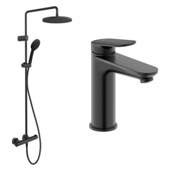 Duravit zestaw prysznicowy termostatyczny ścienny i baterią umywalkową czarny mat 59644