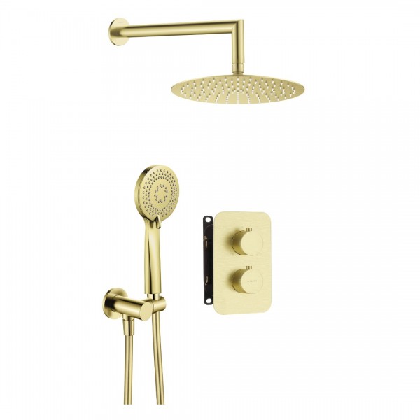 Deante Box zestaw prysznicowy podtynkowy termostatyczny z deszczownicą 25 cm złoto szczotkowane BXYZREBT