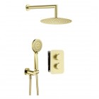 Deante Box zestaw prysznicowy podtynkowy termostatyczny z deszczownicą 25 cm złoto szczotkowane BXYZREBT