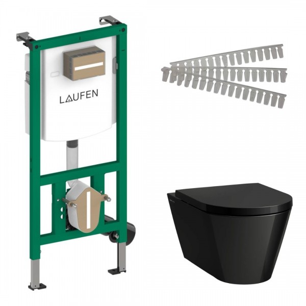 Laufen Ineolink Kartell zestaw 5w1 stelaż podtynkowy i miska WC wisząca Silent Flush z deską wolnoopadającą czarny połysk 63732