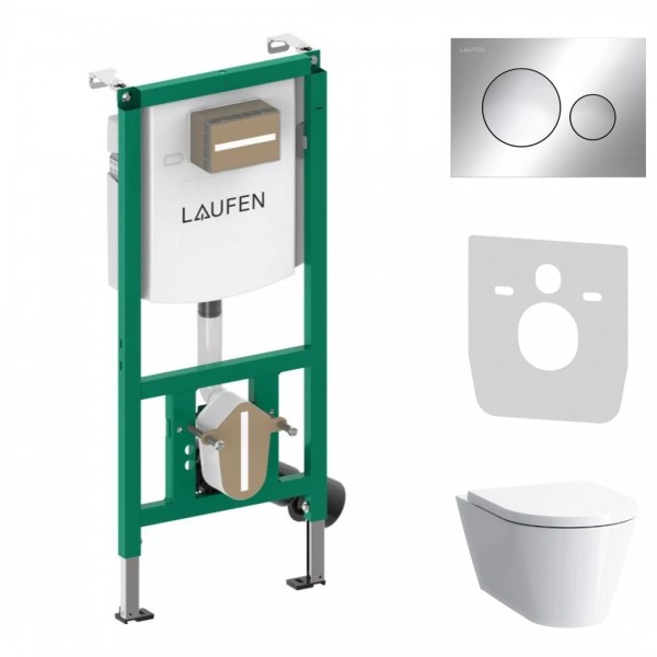 Laufen Ineolink Kartell zestaw 5w1 stelaż podtynkowy i miska WC wisząca z deską wolnoopadającą biała przycisk chrom połysk 64102