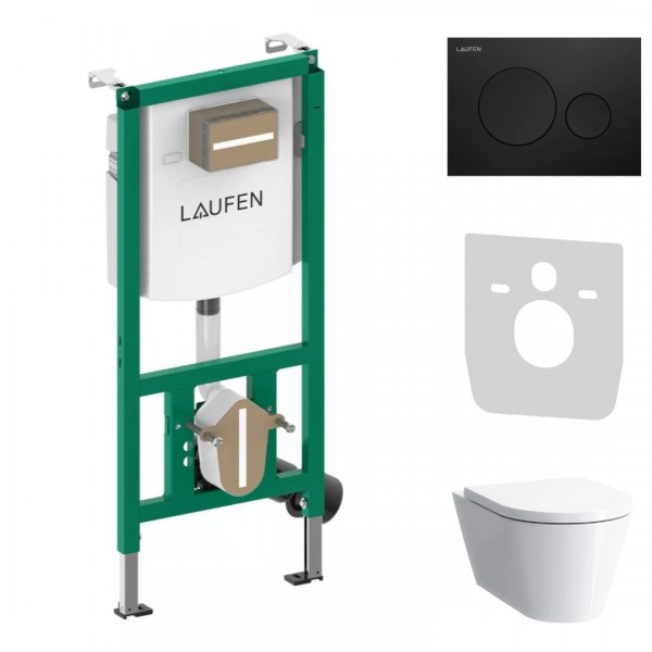 Laufen Ineolink Kartell zestaw 5w1 stelaż podtynkowy i miska WC wisząca z deską wolnoopadającą biała przycisk czarny mat 64103