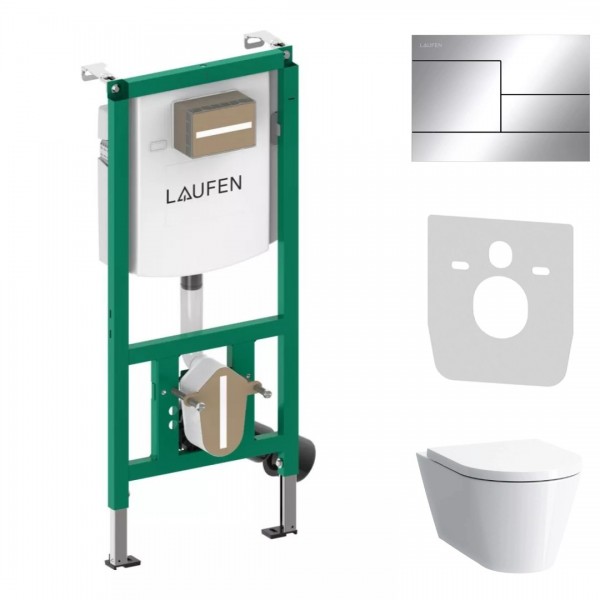 Laufen Ineolink Kartell zestaw 5w1 stelaż podtynkowy i miska WC wisząca z deską wolnoopadającą biała przycisk chrom połysk 64108
