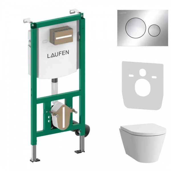 Laufen Ineolink Kartell zestaw 5w1 stelaż podtynkowy i miska WC wisząca z deską wolnoopadającą biała przycisk chrom połysk 64111