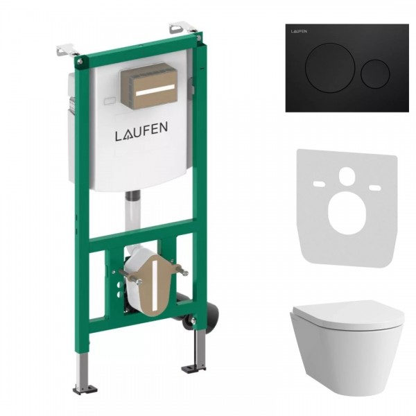 Laufen Ineolink Kartell zestaw 5w1 stelaż podtynkowy i miska WC wisząca z deską wolnoopadającą biała przycisk czarny mat 64112