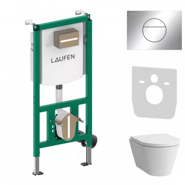 Laufen Ineolink Kartell zestaw 5w1 stelaż podtynkowy i miska WC wisząca z deską wolnoopadającą biała przycisk chrom połysk 64114