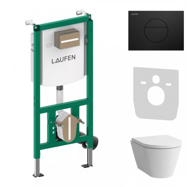 Laufen Ineolink Kartell zestaw 5w1 stelaż podtynkowy i miska WC wisząca z deską wolnoopadającą biała przycisk czarny mat 64115