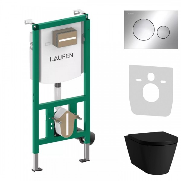 Laufen Ineolink Kartell zestaw 5w1 stelaż podtynkowy i miska WC wisząca z deską wolnoopadającą czarny mat przycisk chrom 64120