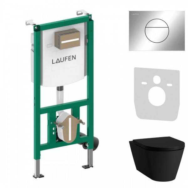 Laufen Ineolink Kartell zestaw 5w1 stelaż podtynkowy i miska WC wisząca z deską wolnoopadającą czarny mat przycisk chrom 64123