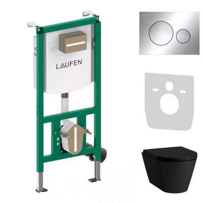 Laufen Ineolink Kartell zestaw 5w1 stelaż podtynkowy i miska WC wisząca z deską wolnoopadającą czarny mat przycisk chrom 64129