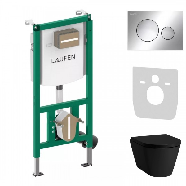 Laufen Ineolink Kartell zestaw 5w1 stelaż podtynkowy i miska WC wisząca z deską wolnoopadającą czarny mat przycisk chrom 64129