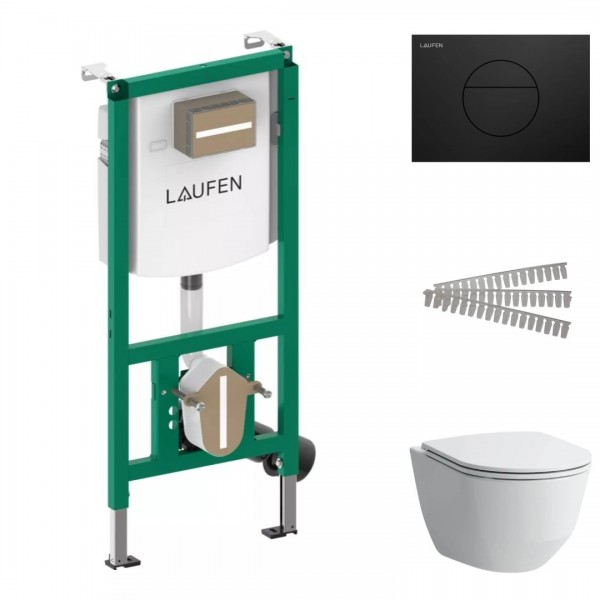 Laufen Ineolink Pro A zestaw 5w1 stelaż podtynkowy i miska WC wisząca z deską wolnoopadającą biała przycisk czarny mat 64178