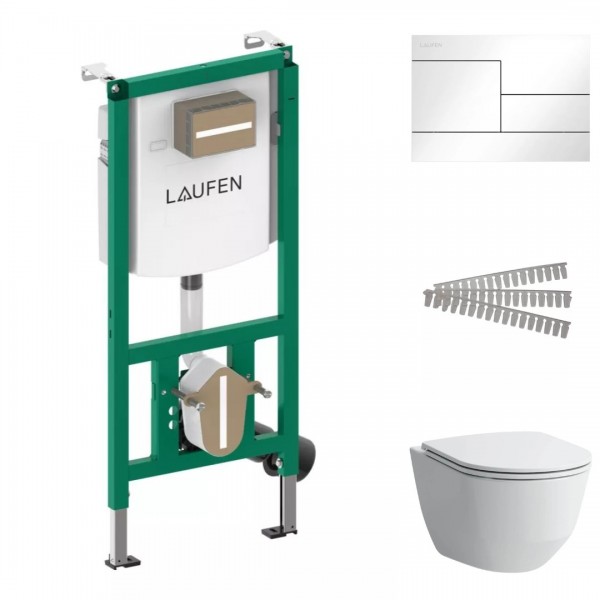 Laufen Ineolink Pro A zestaw 5w1 stelaż podtynkowy i miska WC wisząca z deską wolnoopadającą biała przycisk biały połysk 64179