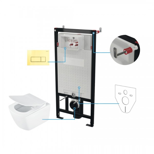 Deante Blur miska WC wisząca bez kołnierza z deską wolnoopadającą i stelaż podtynkowy z przyciskiem złoty połysk CDZZ6ZPW