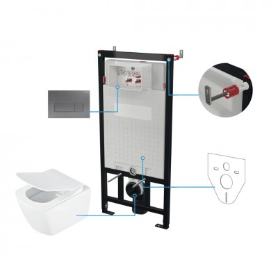 Deante Blur miska WC wisząca bez kołnierza z deską wolnoopadającą i stelaż podtynkowy z przyciskiem titanium CDZT6ZPW