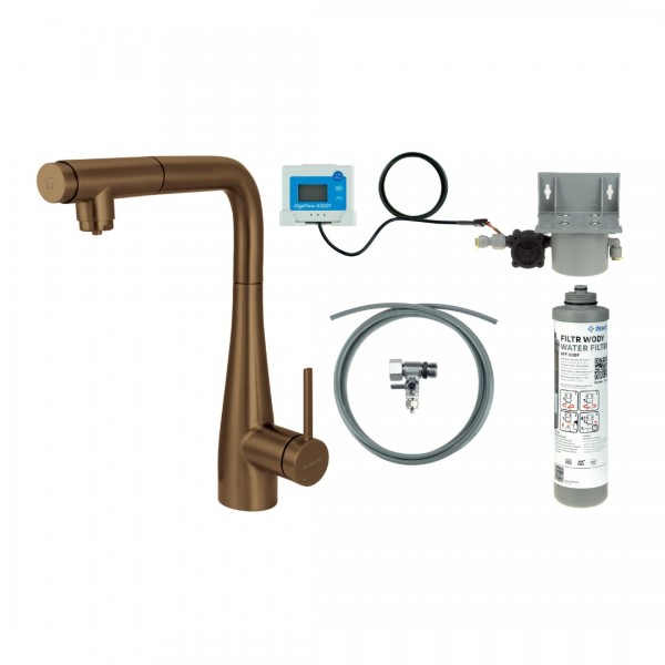 Deante Eridan bateria kuchenna stojąca z wyciąganą wylewką z zestawem do filtracji wody brąz szczotkowany BREFC75M