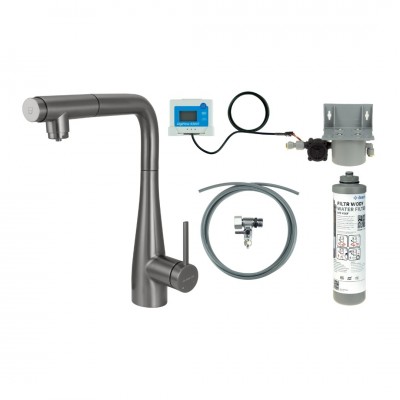 Deante Eridan bateria kuchenna stojąca z wyciąganą wylewką z zestawem do filtracji wody titanium BREFD75M