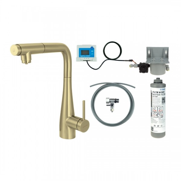 Deante Eridan bateria kuchenna stojąca z wyciąganą wylewką z zestawem do filtracji wody złoty szczotkowany BREFR75M