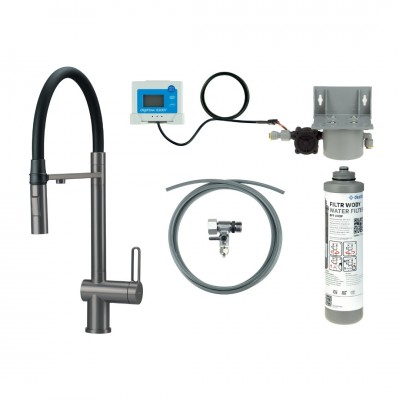 Deante Magnetic bateria kuchenna stojąca z wyciąganą wylewką z zestawem do filtracji wody titanium BRMFD75M