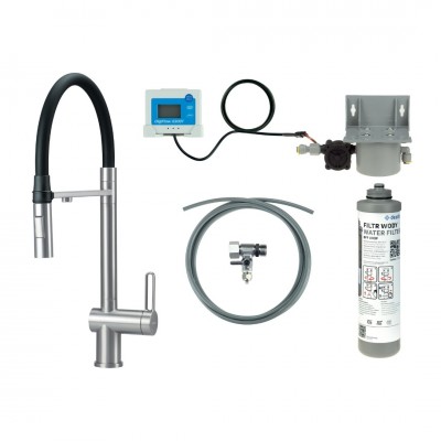 Deante Magnetic bateria kuchenna stojąca z wyciąganą wylewką z zestawem do filtracji wody stal szczotkowana BRMFF75M