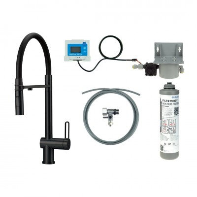 Deante Magnetic bateria kuchenna stojąca z wyciąganą wylewką z zestawem do filtracji wody czarny mat BRMFN75M