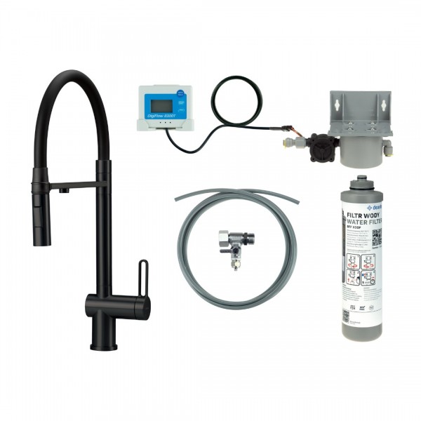 Deante Magnetic bateria kuchenna stojąca z wyciąganą wylewką z zestawem do filtracji wody czarny mat BRMFN75M