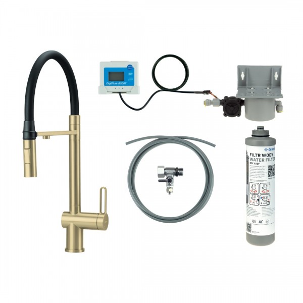 Deante Magnetic bateria kuchenna stojąca z wyciąganą wylewką z zestawem do filtracji wody złoty szczotkowany BRMFR75M