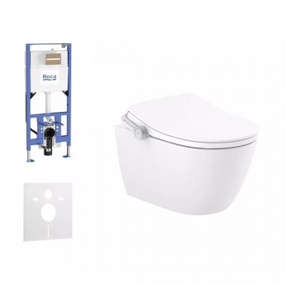 Roca Duplo S Ona In-Wash zestaw WC podtynkowy 5w1 toaleta myjąca wisząca Rimless z podgrzewaną deską biała Supraglaze 73846