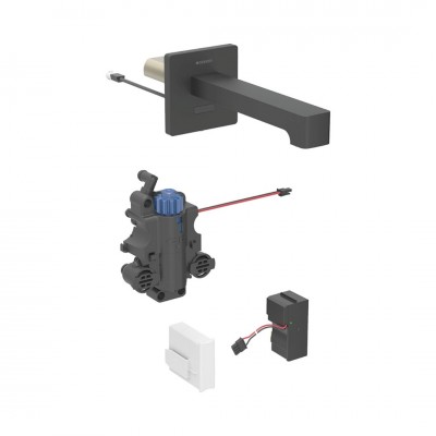 Geberit Brenta bateria elektroniczna umywalkowa ścienna wylewka 22 cm z mieszaczem zasilanie sieciowe czarny mat 116.297.14.1