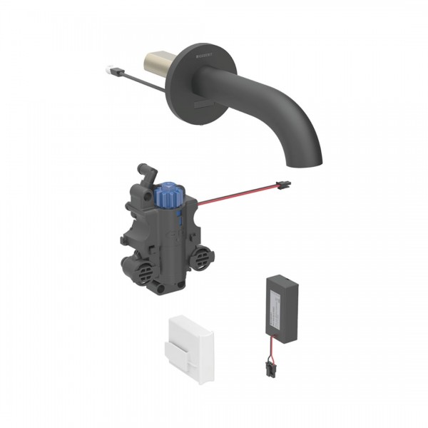 Geberit Piave bateria elektroniczna umywalkowa ścienna wylewka 17 cm z mieszaczem zasilanie bateryjne czarny mat 116.268.14.1