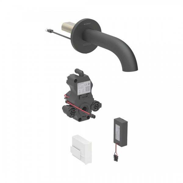 Geberit Piave bateria elektroniczna umywalkowa ścienna wylewka 22 cm z mieszaczem zasilanie bateryjne czarny mat 116.284.14.1