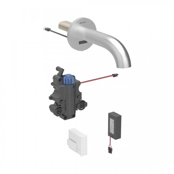 Geberit Piave bateria elektroniczna umywalkowa ścienna wylewka 22 cm z mieszaczem zasilanie bateryjne stal 116.288.SN.1