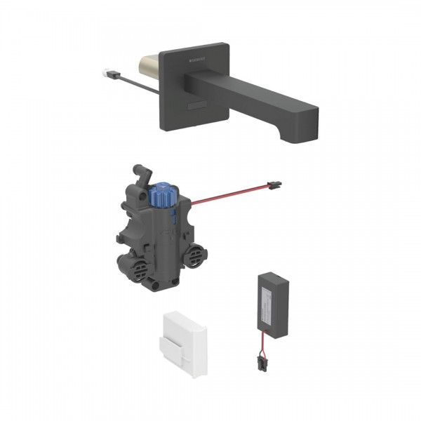 Geberit Brenta bateria elektroniczna umywalkowa ścienna wylewka 17 cm z mieszaczem zasilanie bateryjne czarny mat 116.278.14.1