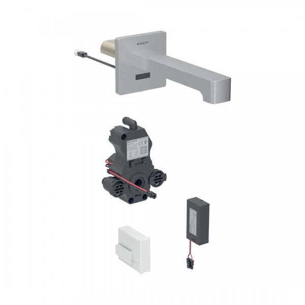 Geberit Brenta bateria elektroniczna umywalkowa ścienna wylewka 17 cm z mieszaczem zasilanie bateryjne stal 116.274.SN.1