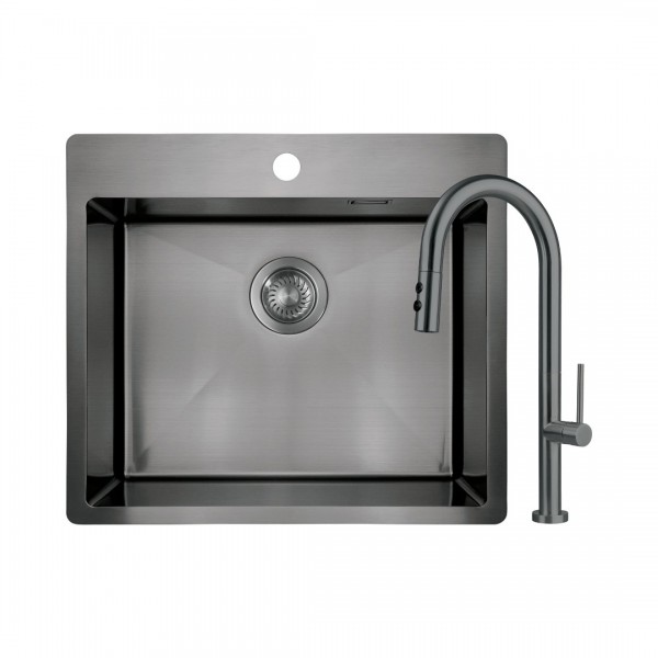 Deante Olfato zlewozmywak stalowy 55x50,5 cm z baterią titanium ZPOAD10B